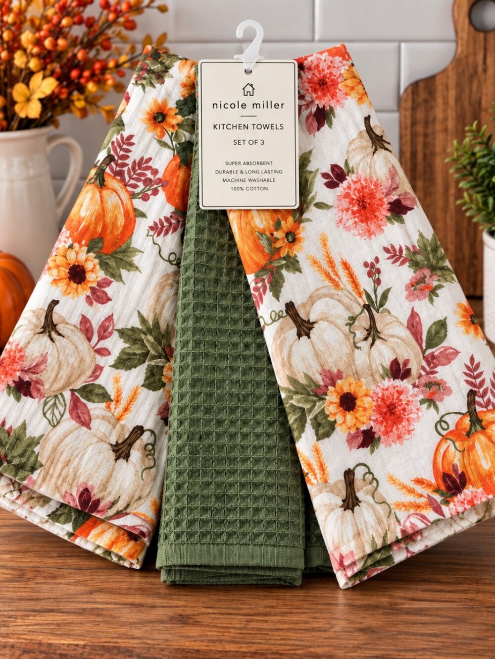 Nicole Miller Orange, Green and Cream Pumpkin Floral Kitchen Towels - Set of 3